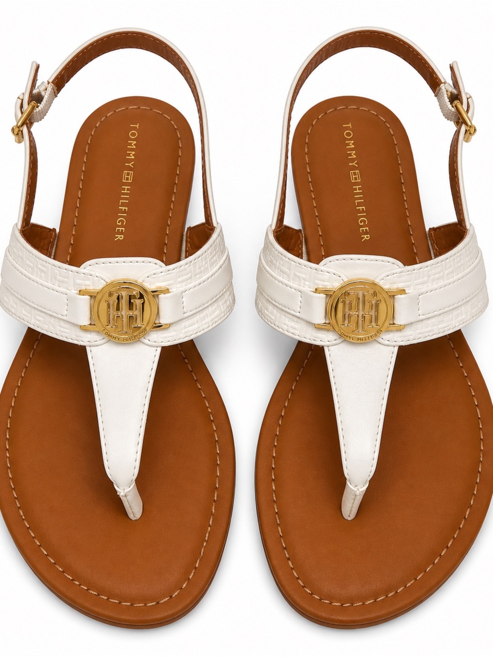 Tommy Hilfiger Thong Sandals White Gold Logo Ankle Strap 7.5M